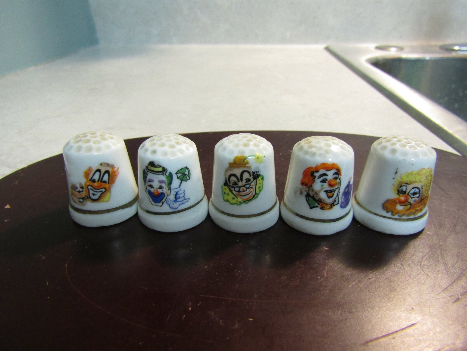 5 x Vintage Porcelain Circus Clown Thimbles- Gold Rimmed ~ 1.0” H