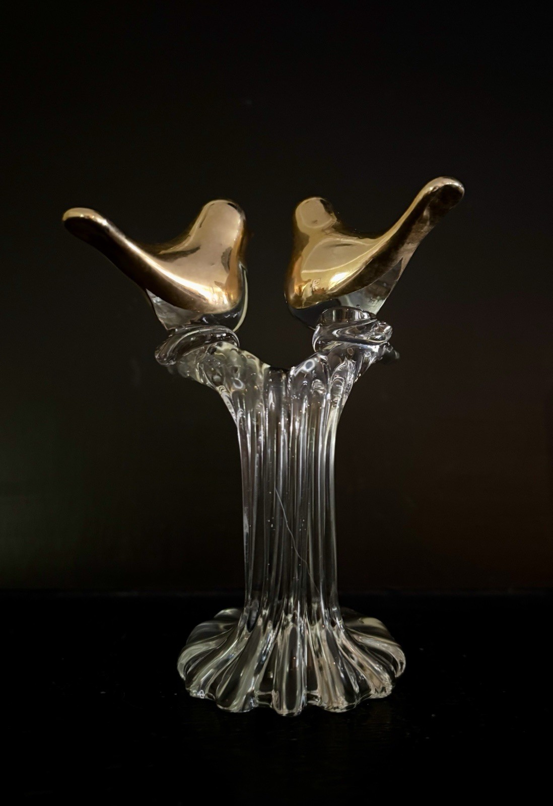 Art Glass Vintage Lovebird Sculpture Figurine with Brass Metal Plated Birds – 6”