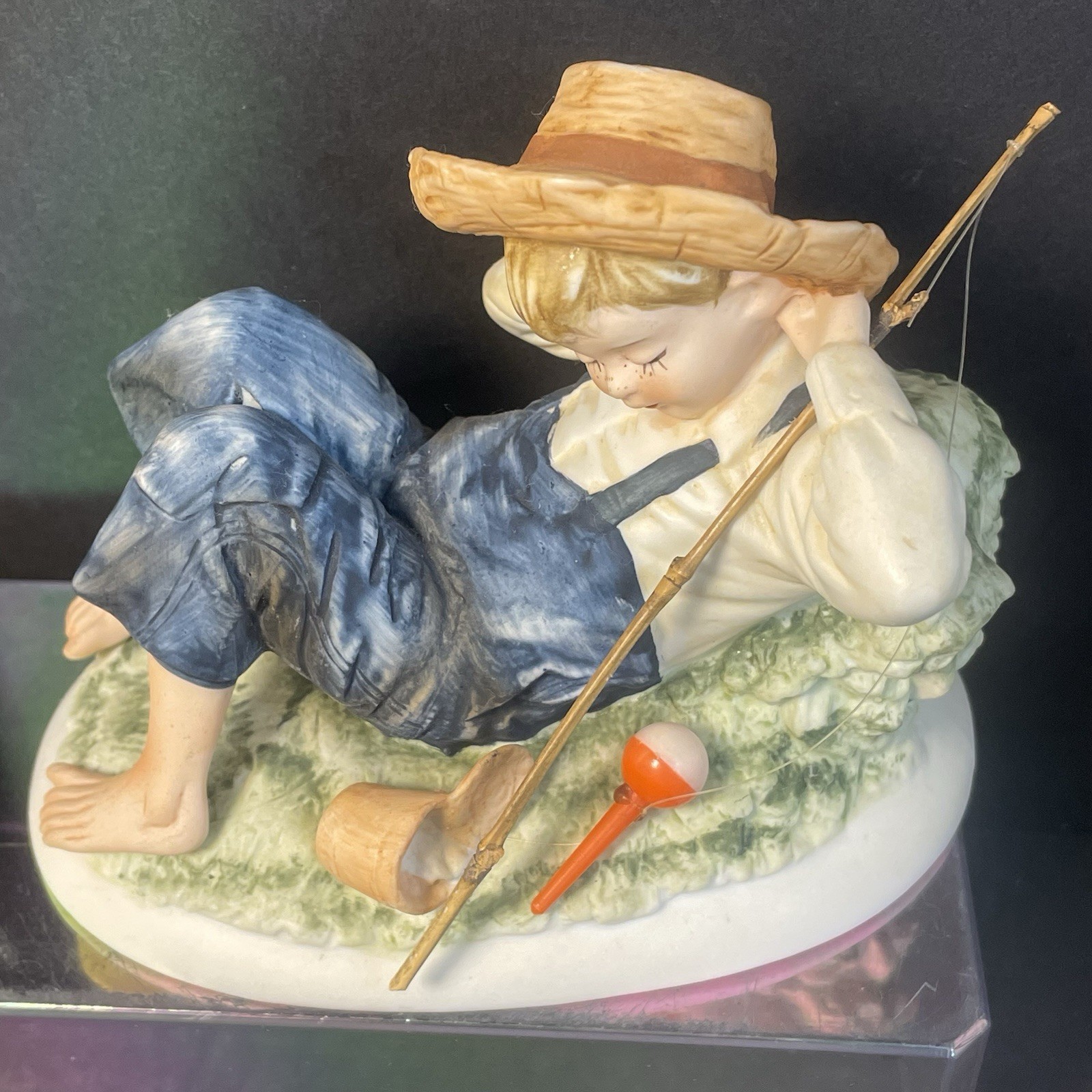Lefton Bisque Figurine KW3839 Napping Barefoot Boy Fisherman In Overalls Vintage