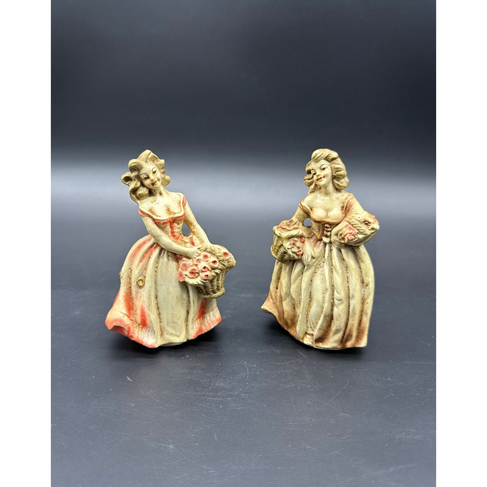 Vintage Lady Figurines Composite Victorian Flower Maidens Miniatures Pair Busty