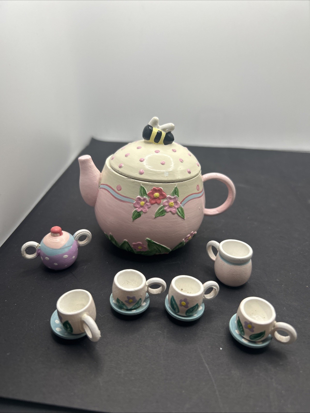 Vintage Miniature Tea Set Garden Pink Floral Bee Midwest Imports of Canon Falls