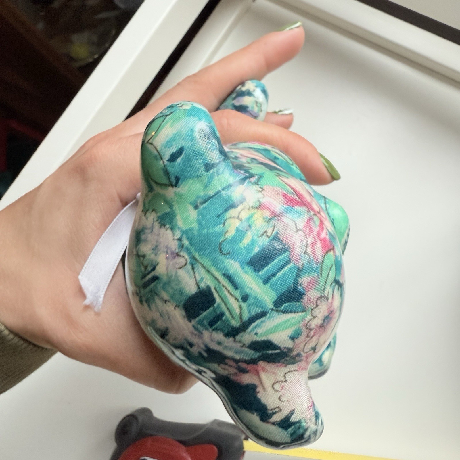 Joan Baker Designs Porcelain Patchworks Green Floral Teddy Bear Sculpture