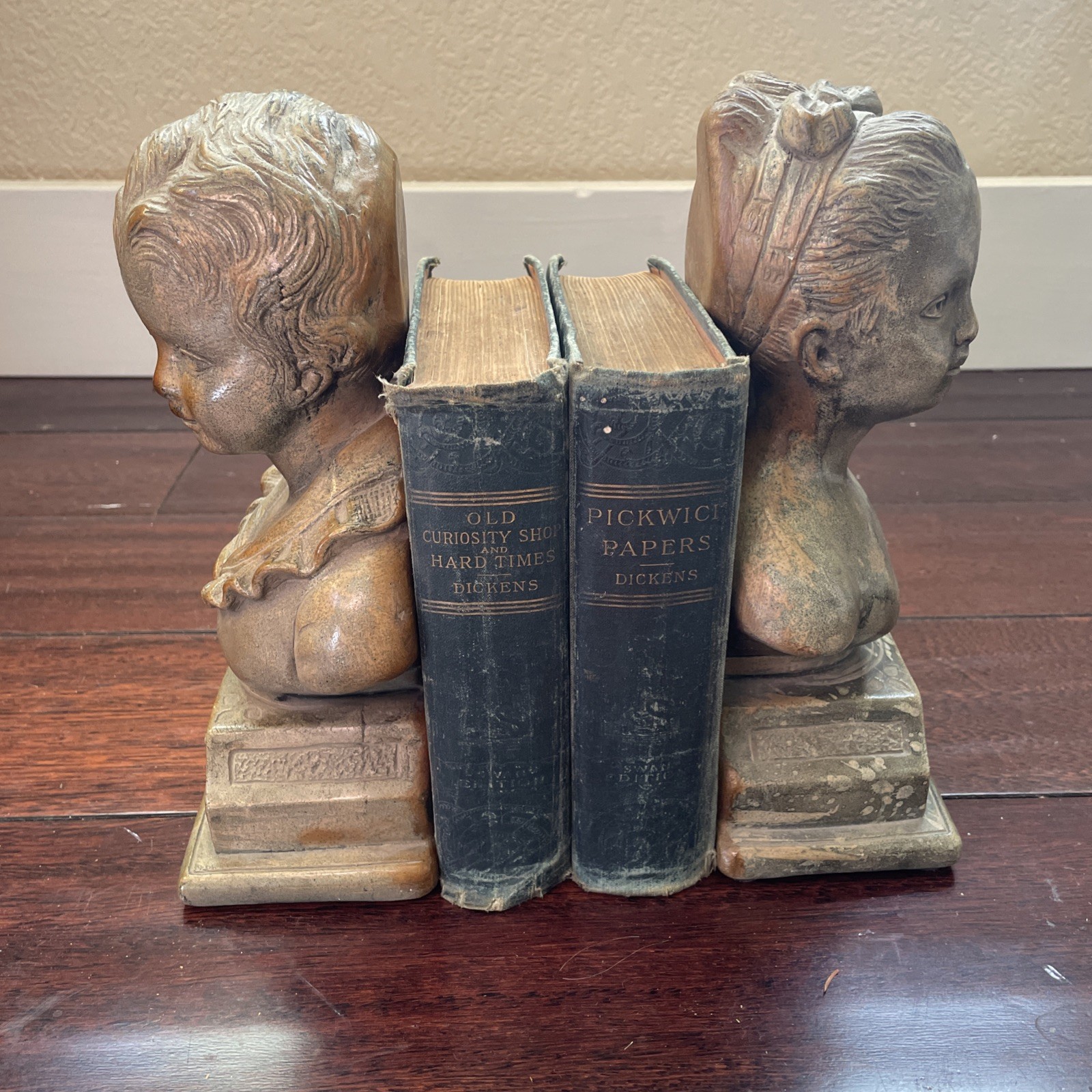 Vintage Pair Alexander Backer Boy & Girl Statues/Bookends Faux Stone