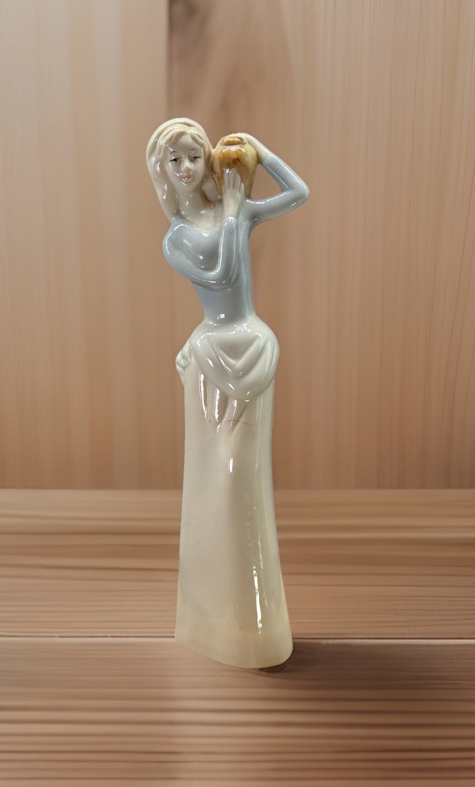 Peasant Woman Carrying Jug Porcelain Figure Statue Blue White Vintage 1990s