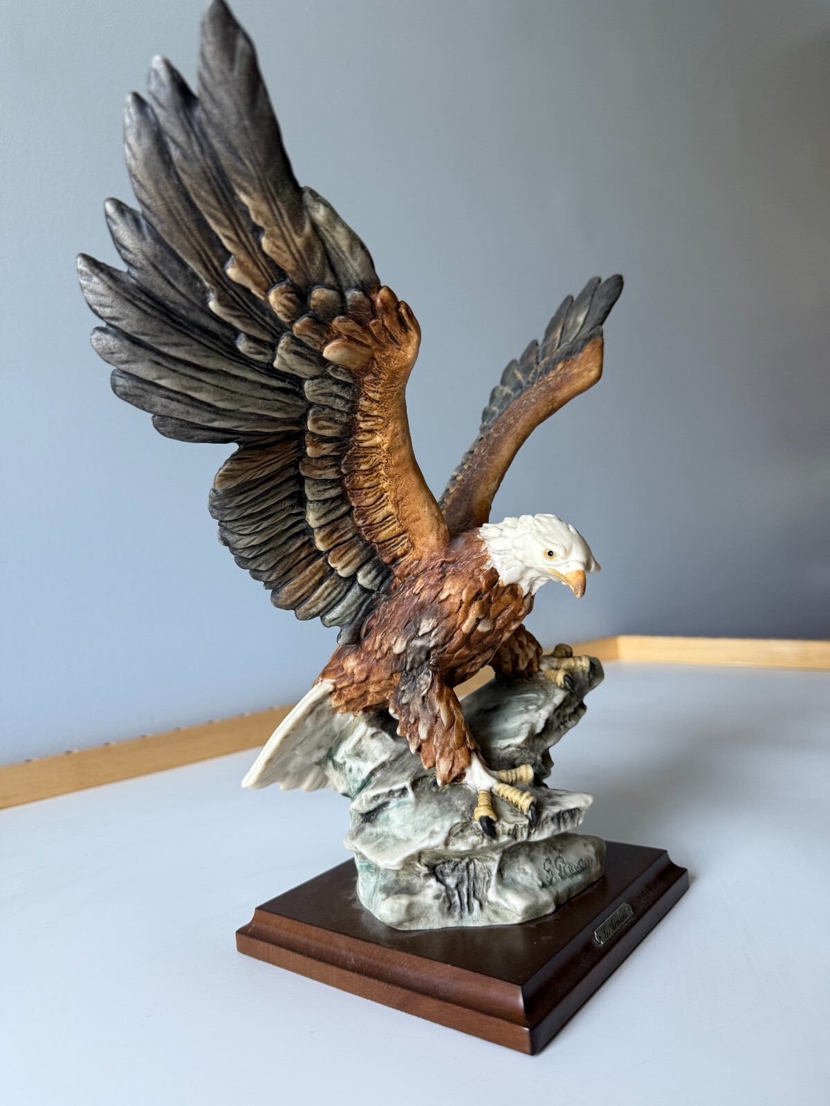 G. Armani Capodimonte Signed Eagle Landing On A Rock Statue w/ Wood Base