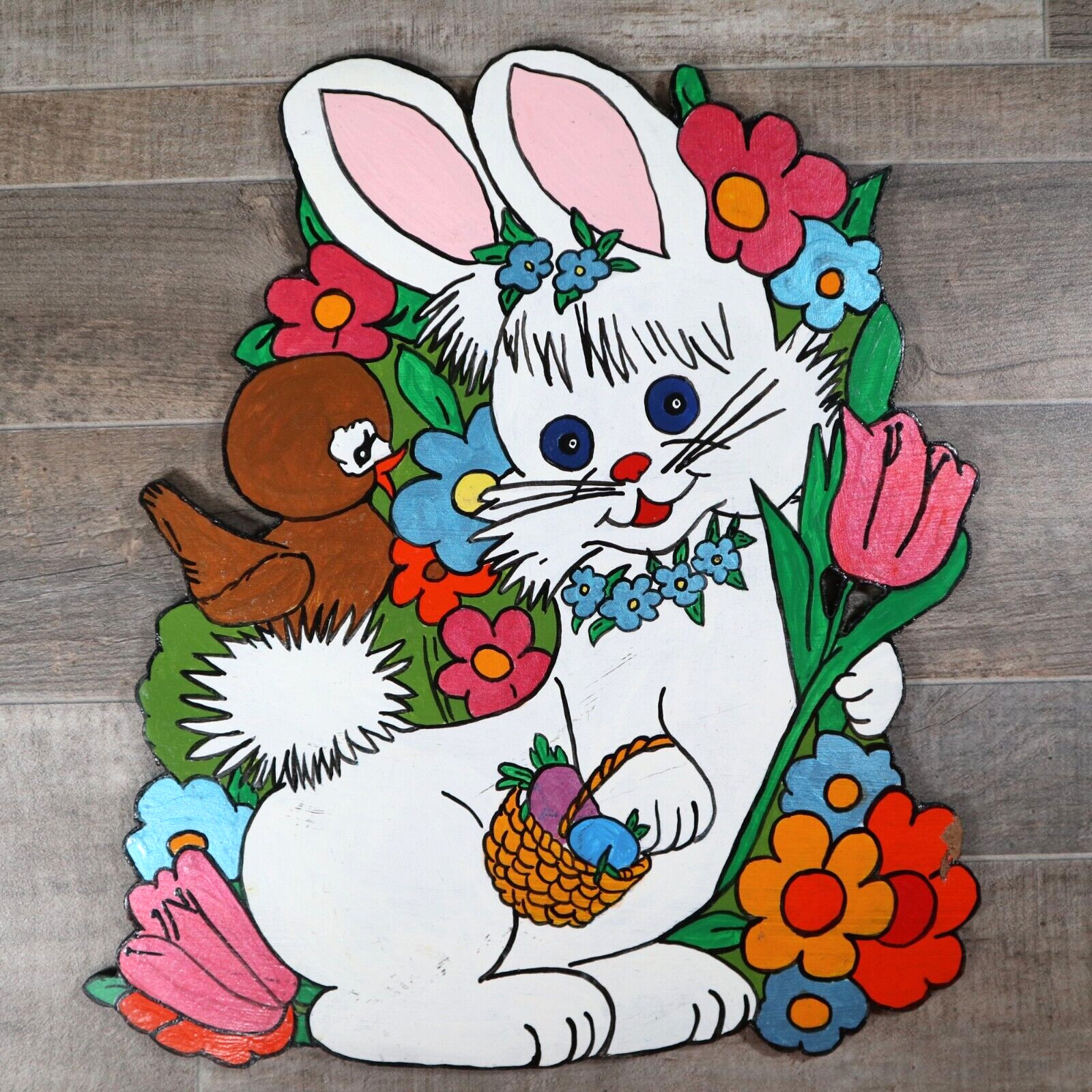 VTG Easter Bunny Folk Art Outsider Artist Hand Painted Wooden Figurine Colorful