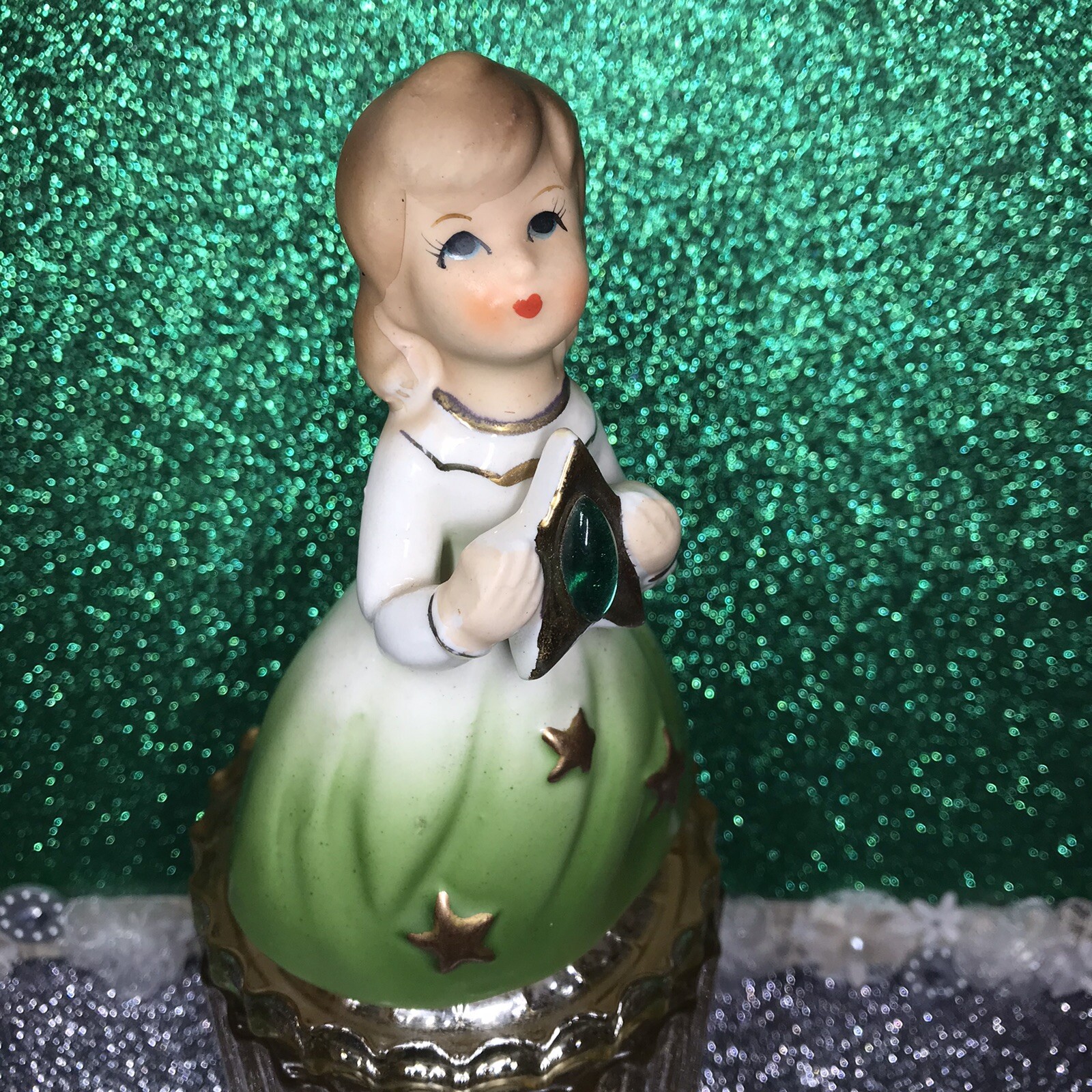 Vtg Ucagco Girl Holding Gold Star With Green Gem & Gown Christmas Figurine Japan
