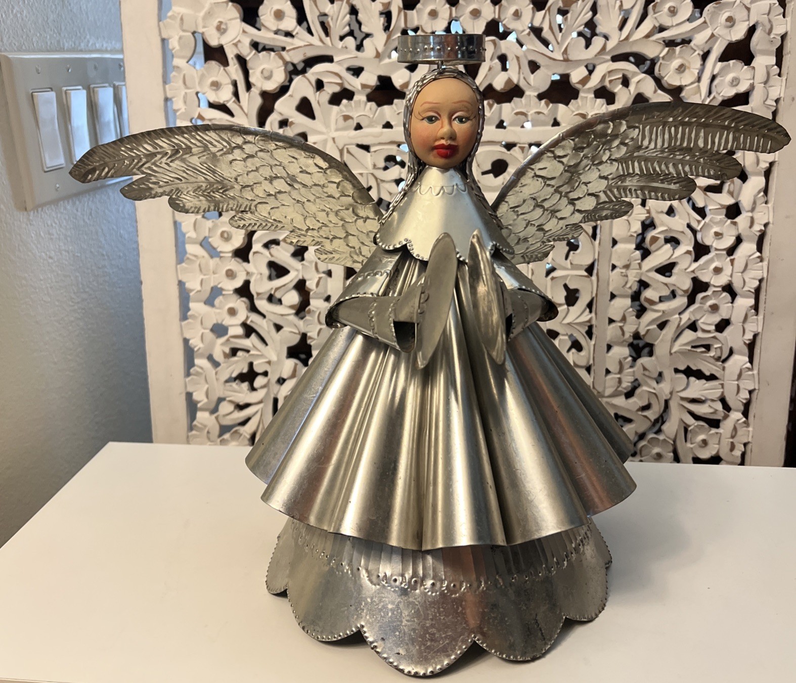 Vintage Mexican Folk Art Tin Angel with Hand Painted Face Wings 13×20 Figure
