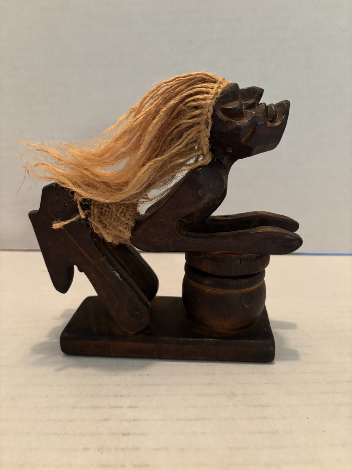 Vintage Primitive Folk Art Brown Wooden Trinket Box Hand Carved Man Kneeling