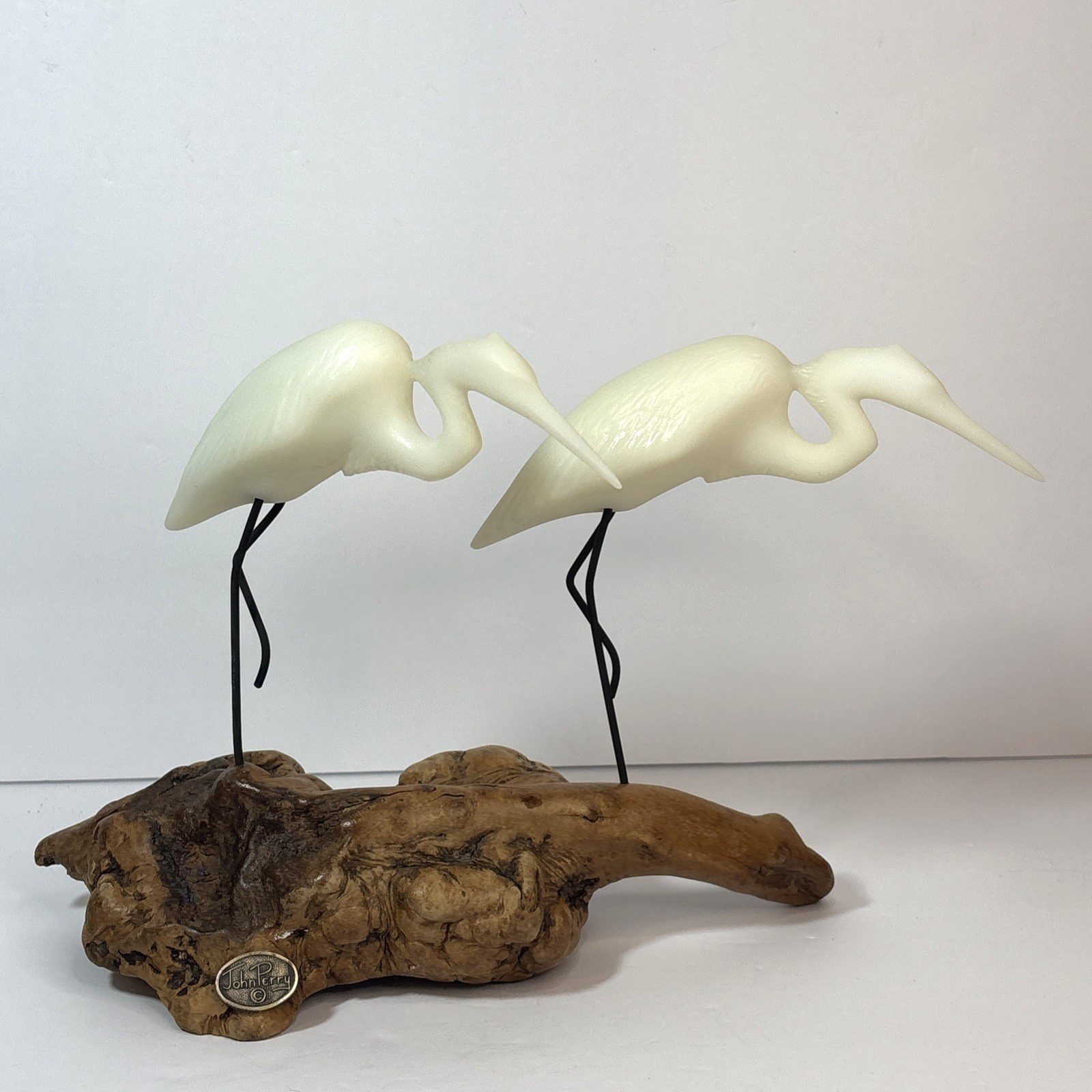 John Perry Heron Birds Figurine Sculpture Burl Wood Tropical