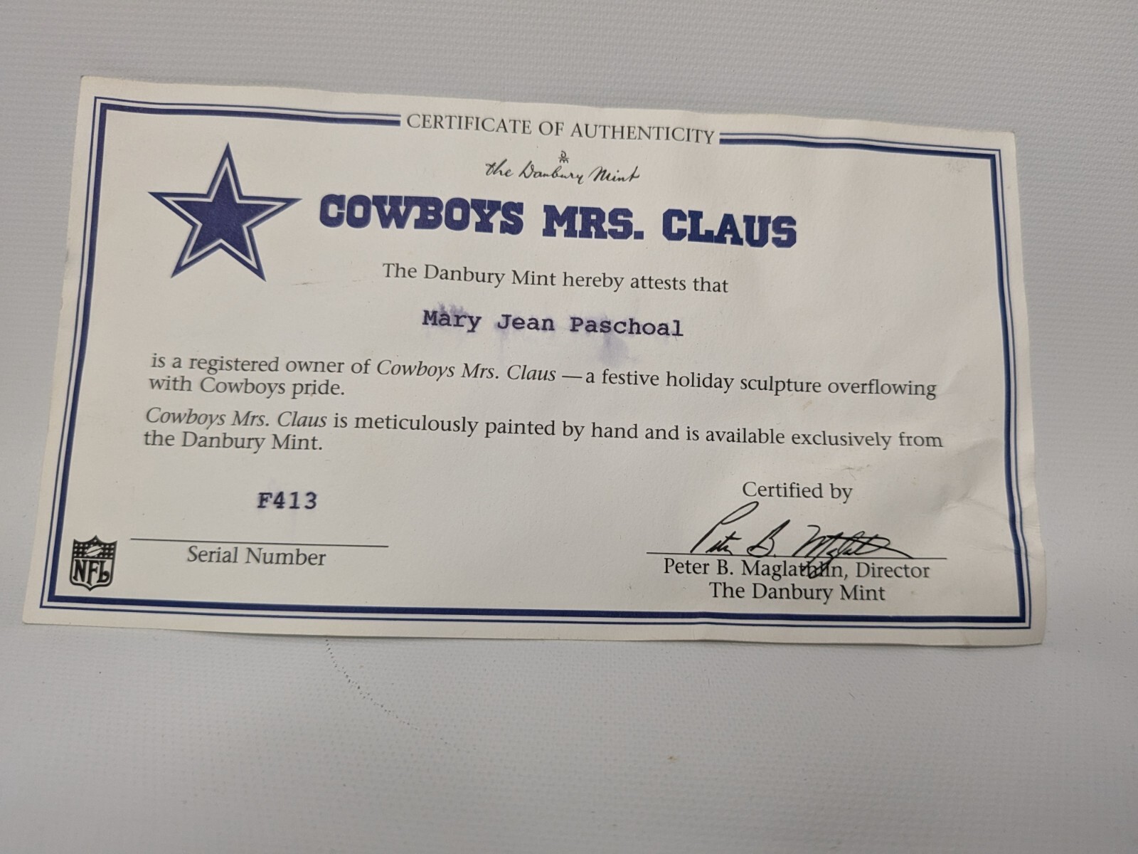 Danbury Mint NFL Dallas Cowboys Mrs Claus Christmas Cheerleader Complete COA+Box
