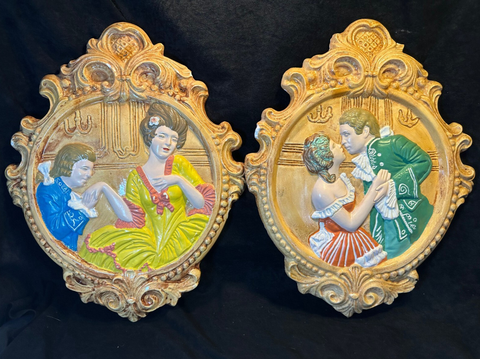 Vintage Hand Painted Chalkware Plaques 18th Century Courting Couples Set of 2