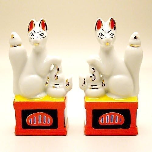 Made in Japan Inari Shinto Shrine Sacred Foxes Pair Miniature H3.54 Ceramic f…