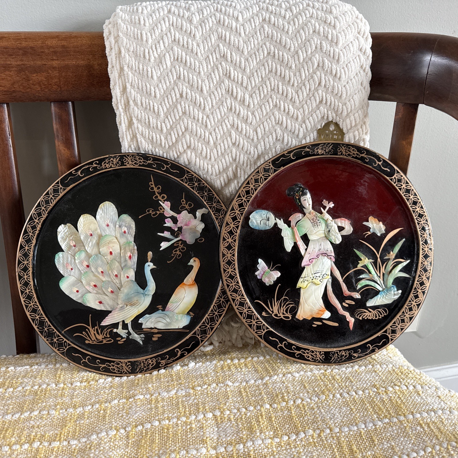 Mother of Pearl Inlay plaques Set Asian Black Gold 14″ Painted