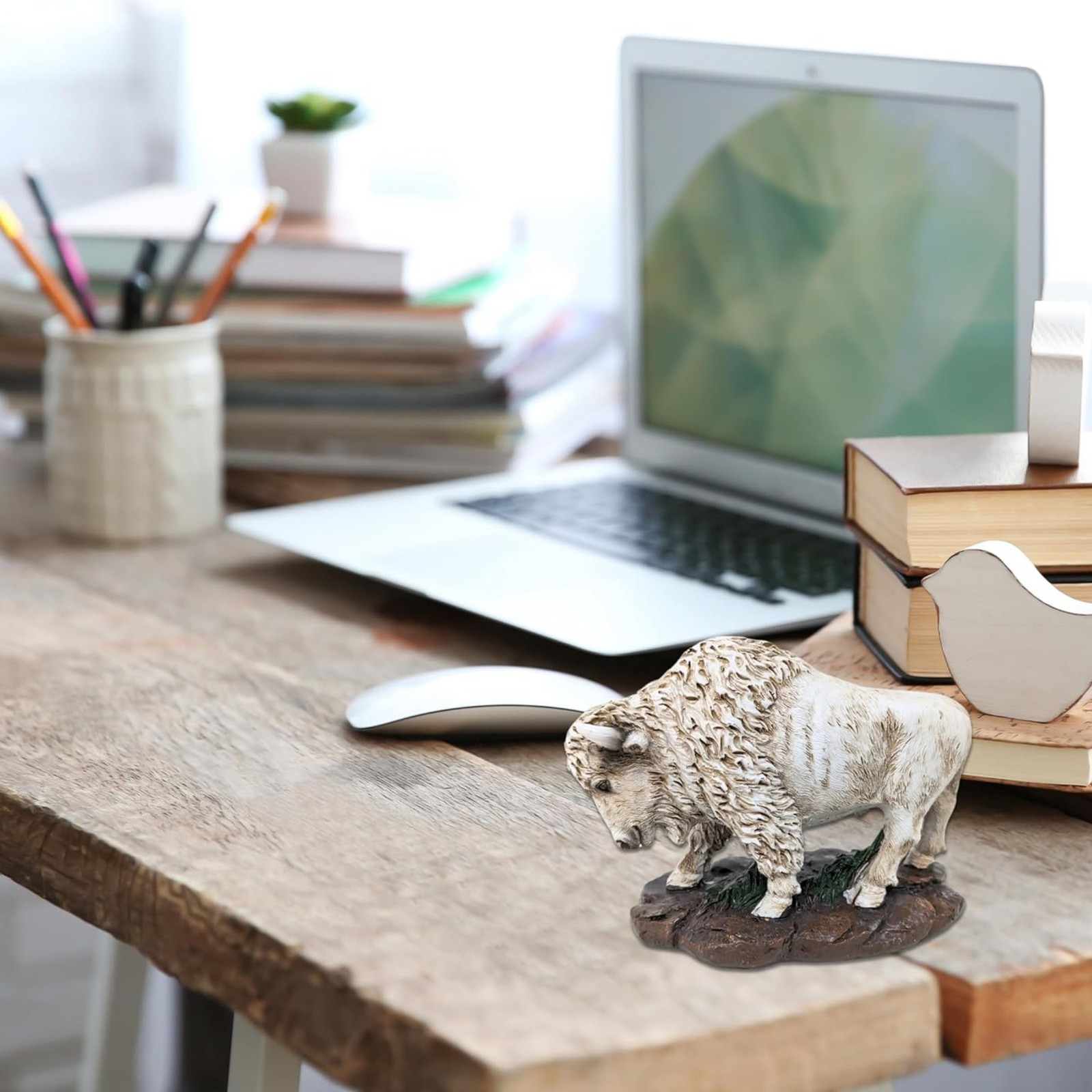 Small White Bison Figurine – Lifelike Resin Buffalo Décor for Home or Office