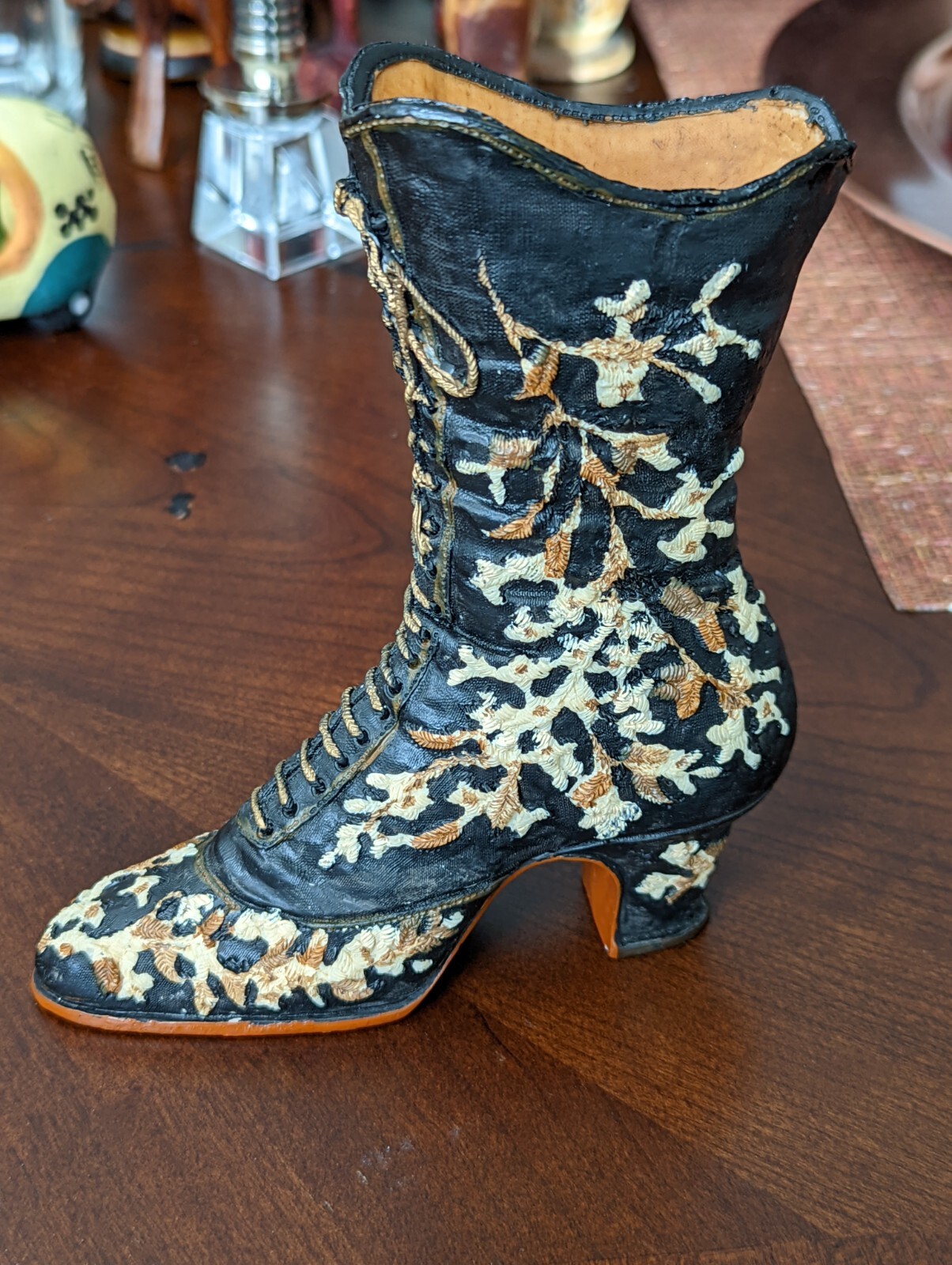 Ornate Victorian Style Boot Black Beige Brown Resin Figurine Unique 6″ Height