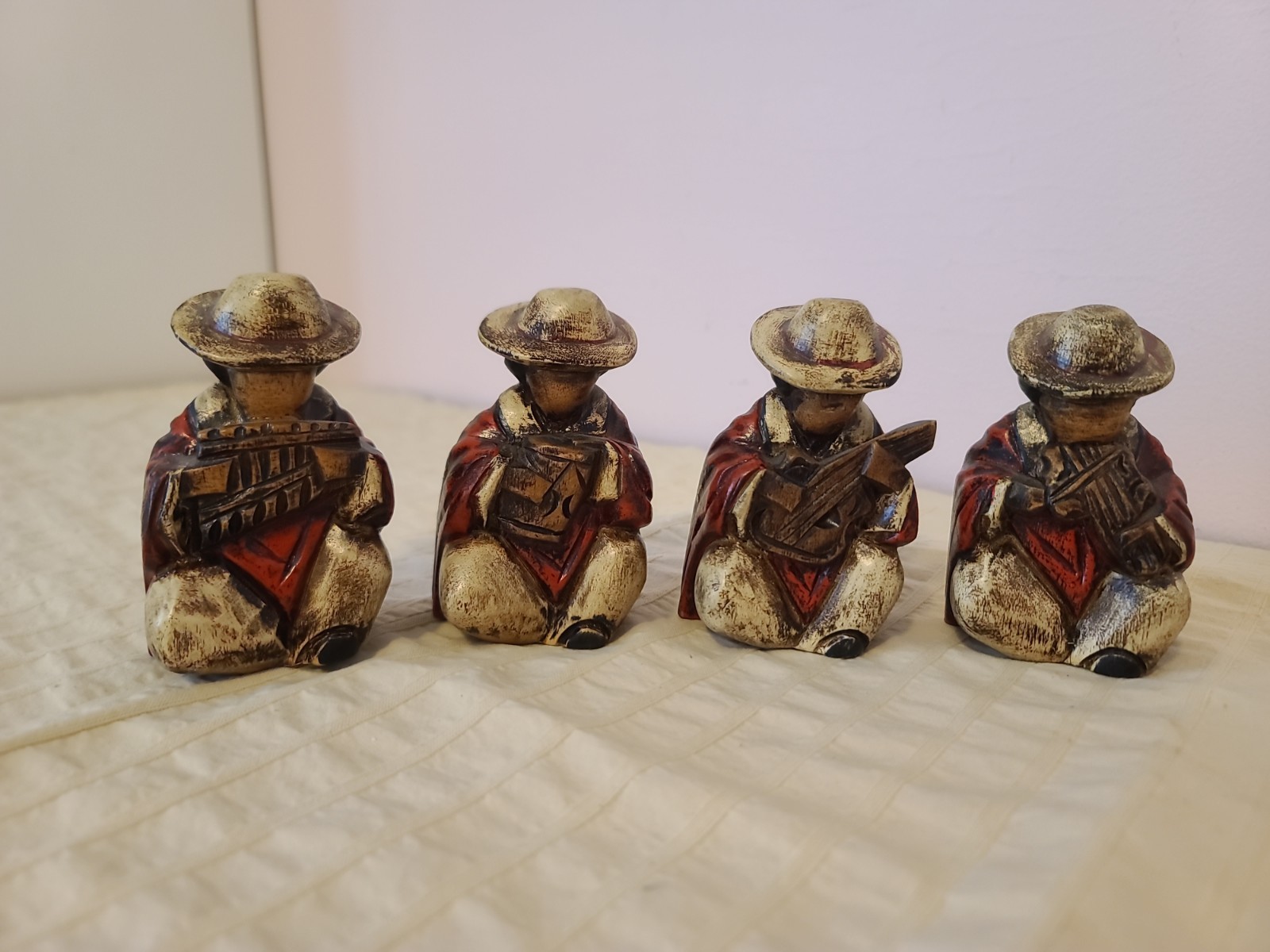 Set Of 4 Vintage Hand Carved Wooden Resin (?) Folk Musicians Figurines 3.5″ Tall
