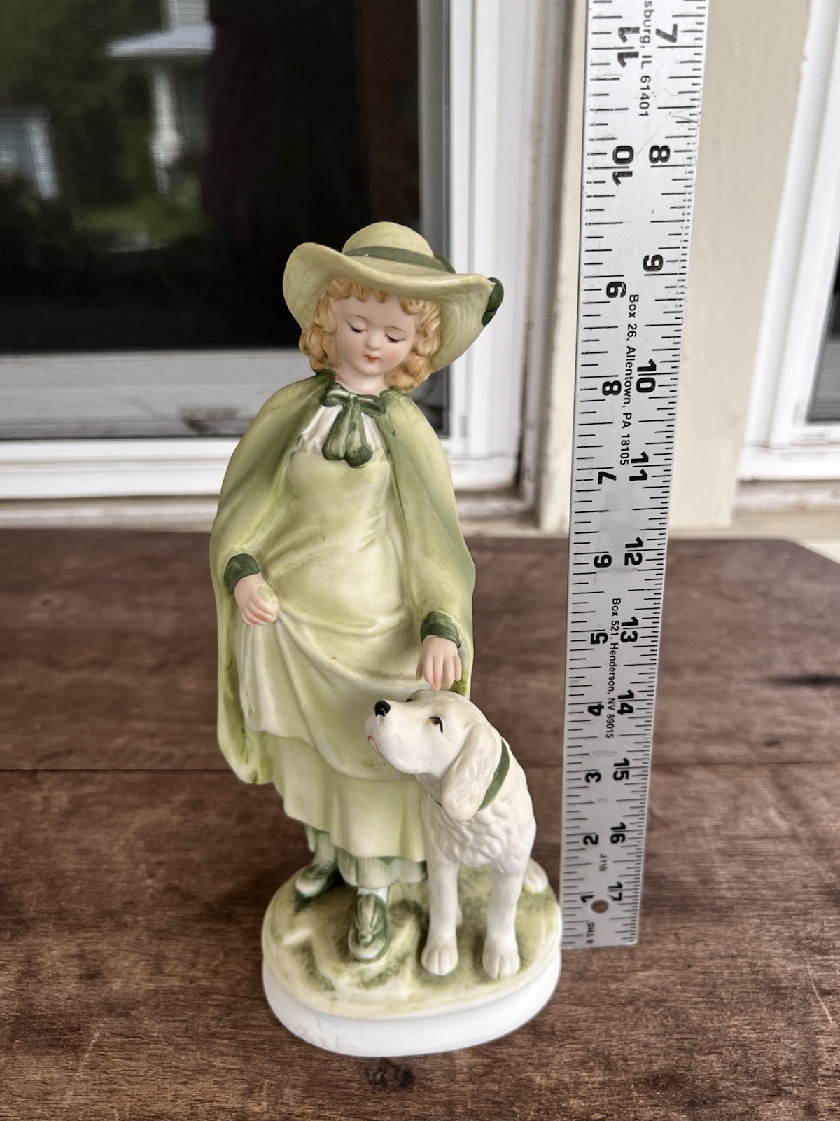 Vintage English Girl In Green Dress with Dog Andrea by Sadek #7154 Hand Painted