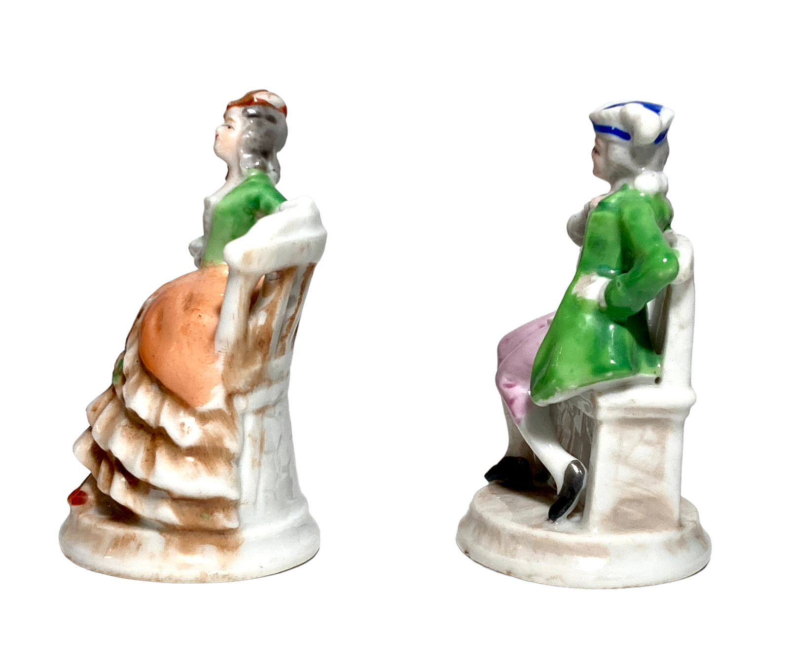 Colonial Man and Woman Porcelain Figurines Chair Made in Japan 3.25″H Vintage