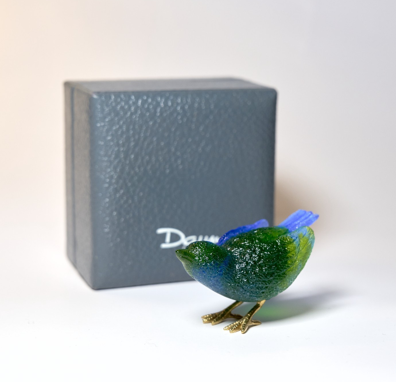 Daum France Pâte-de-Verre Bird Green Blue Figurine w/ Gilt Bronze Feet – Signed