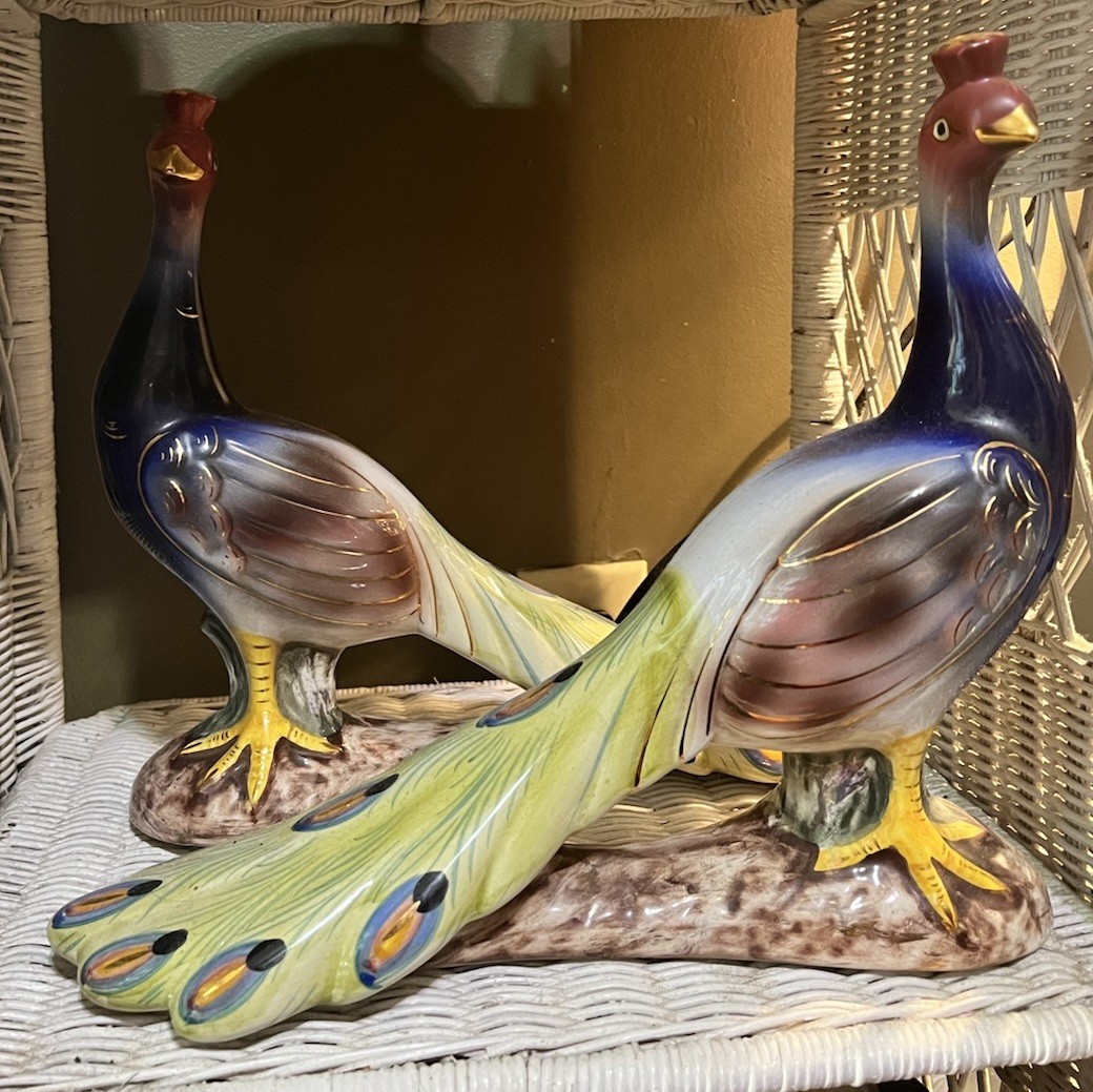 Alcobaca Portugal Peacock Pair Antique Vintage Ceramic Handpainted Decor
