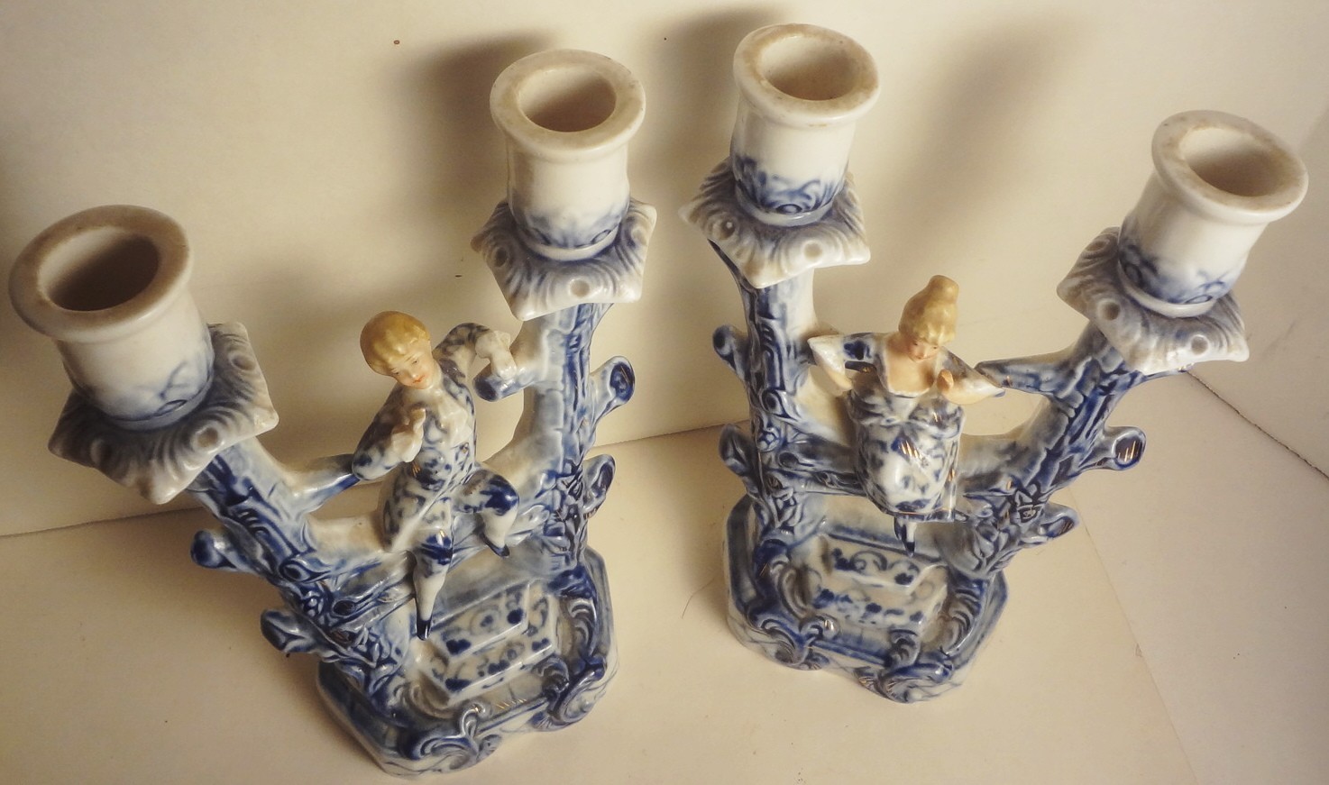 Antique 1860-1880 GERMAN PAIR of UNUSUAL CANDLEABRA Dresden Blue COURTING COUPLE
