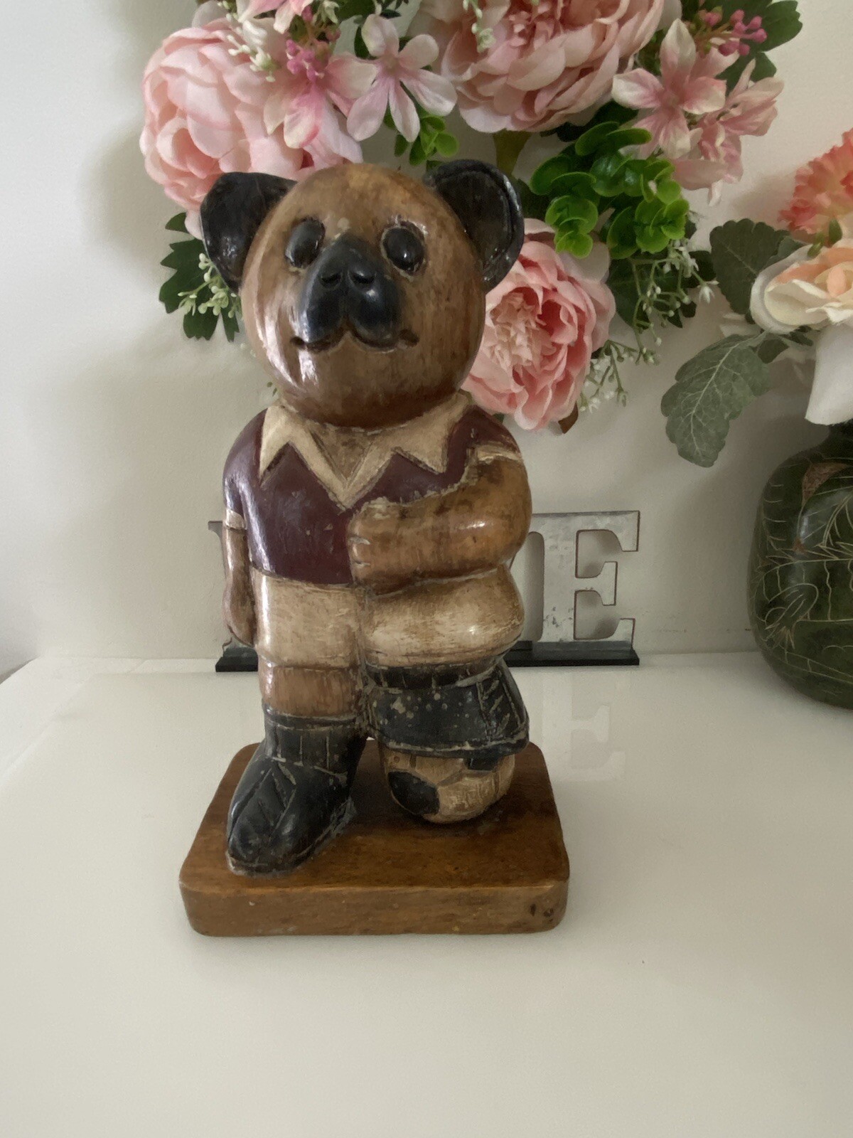 Wooden Bear Handmade Statue 10″ Soccer Teddy Bear Kids Room Vintage Figurine EUC