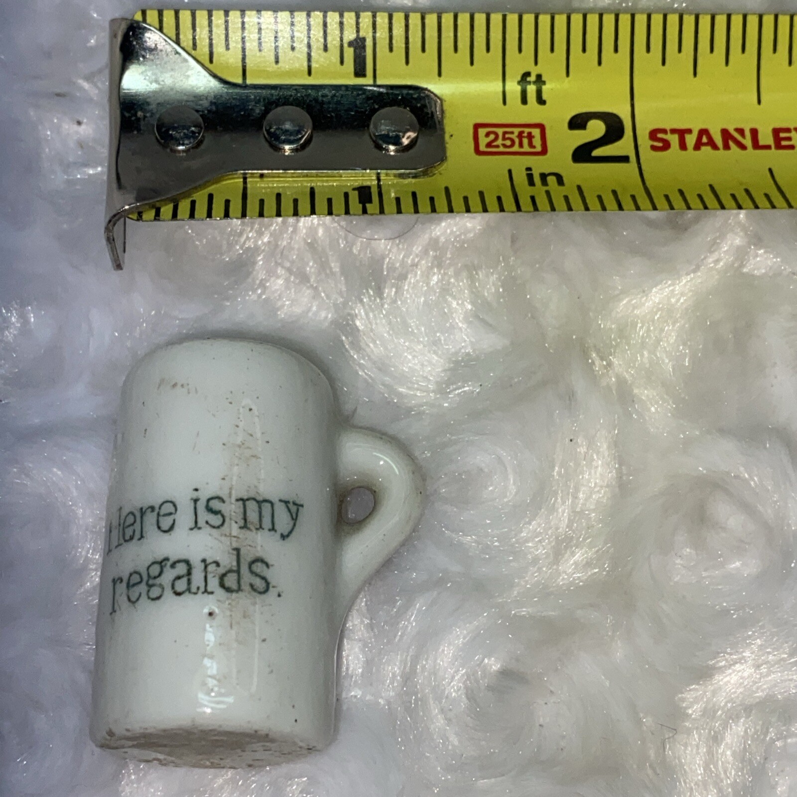 Miniature Beer Mug Reads Here Is My Regards Porcelain Worn & Aged Great Patina