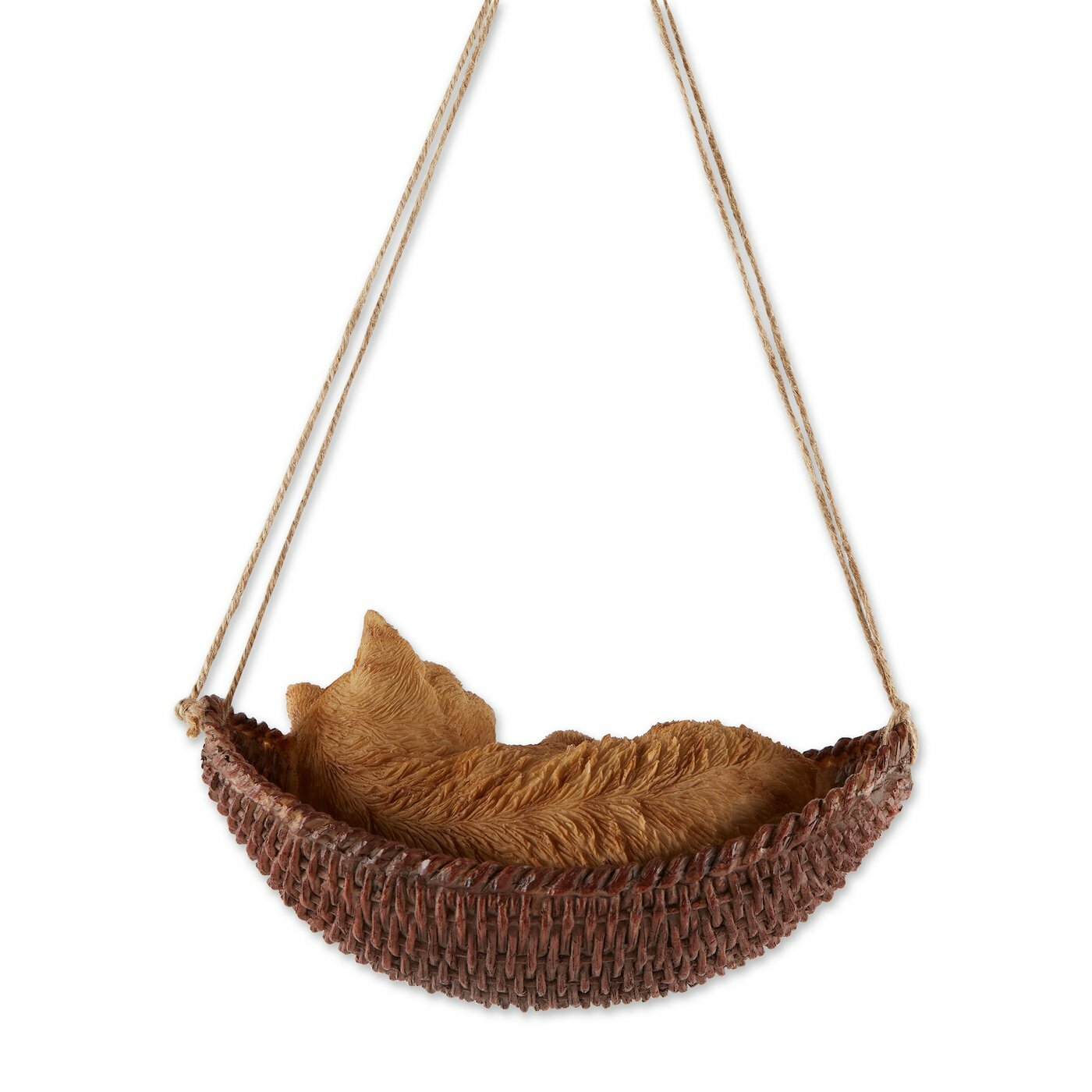 Brown Polyresin Whimsy Napping Cat On Hammock Figurine Indoor Outdoor Decor
