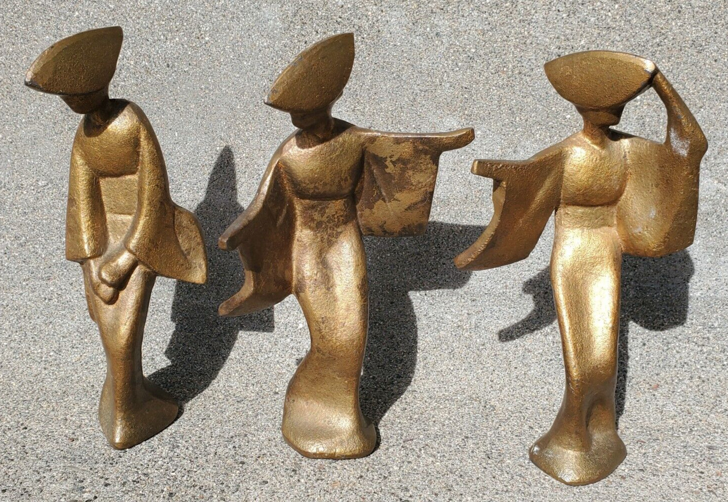Vintage Mid Century Modern Cast Iron Dancing Geisha Statues Geometric Sculpture