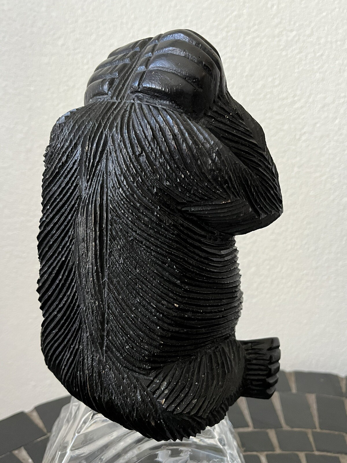 Hand Carved Black Solid Wood ~ Wise Monkeys Hear No Evil Statue 8.25 x 4.5 x 5.5