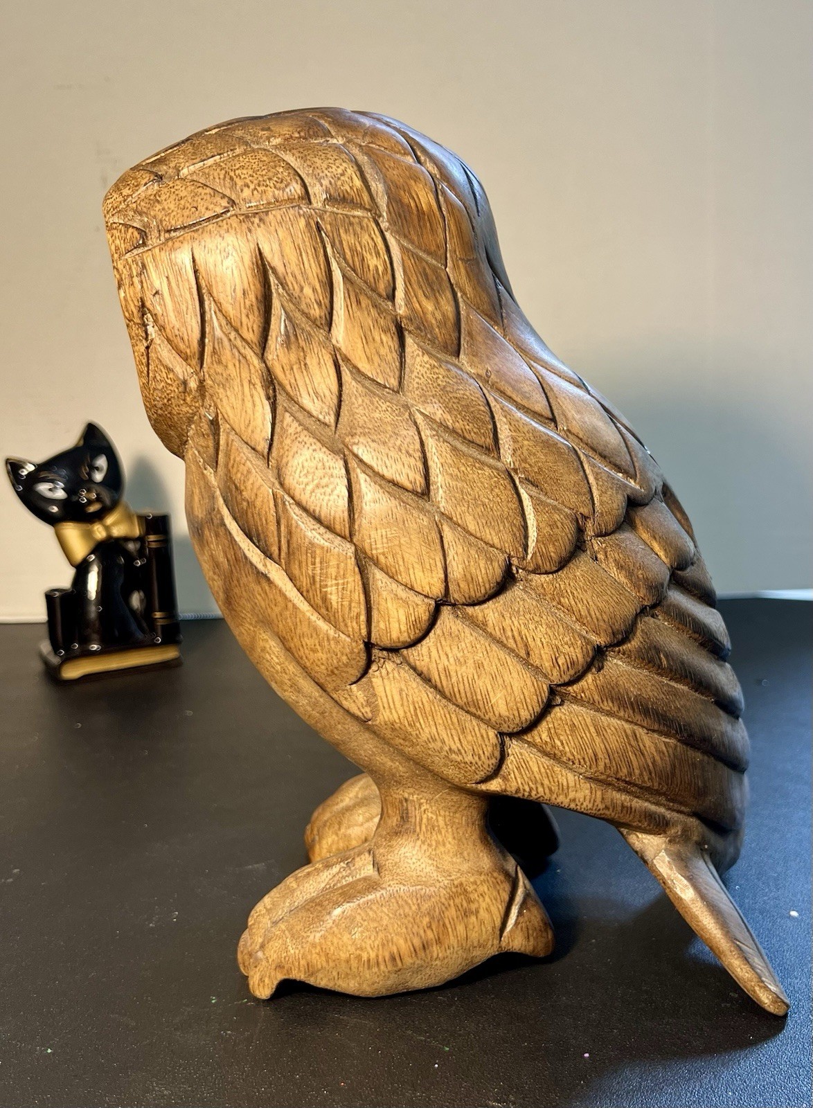 Thailand Vintage 1990s Hand Carved Raintree Wood Owl Figurine Sculpture, 10”