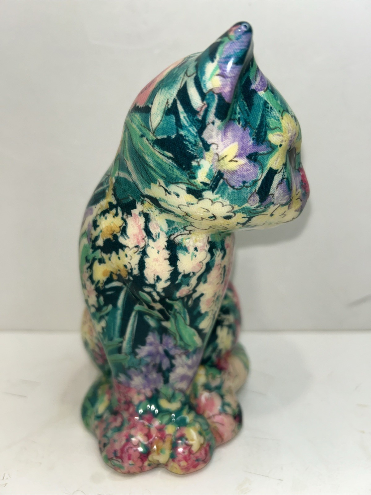 VTG Patchwork Cat Kitty Figurine Joan Baker Designs Floral Pink Green Yellow 7”