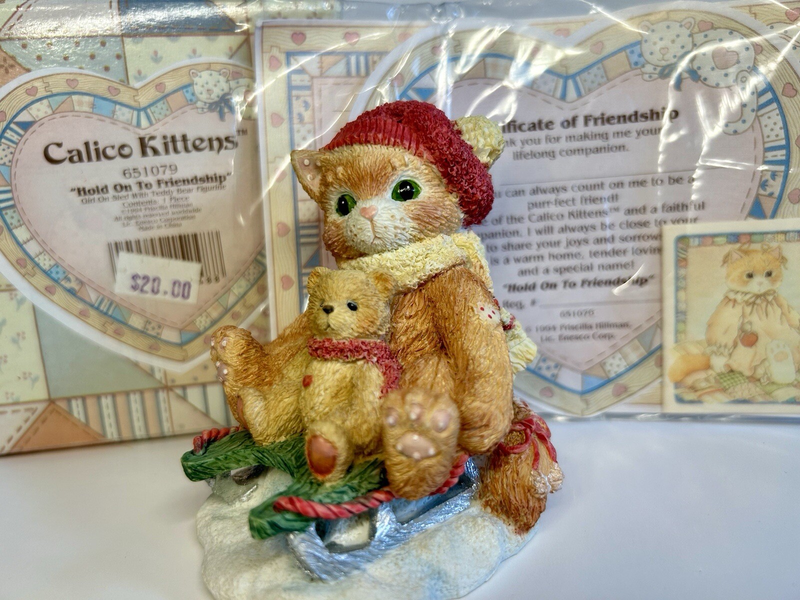 Calico Kittens “Hold On To Friendship” Kitten On Sled w/ Teddy Bear 651079 w/box