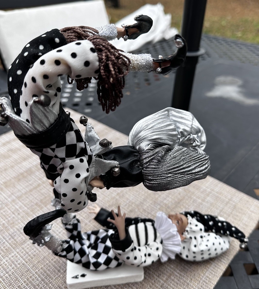 Whimsical Jester Clown Figurines Stacked on Ace Playing Card Base Black & White