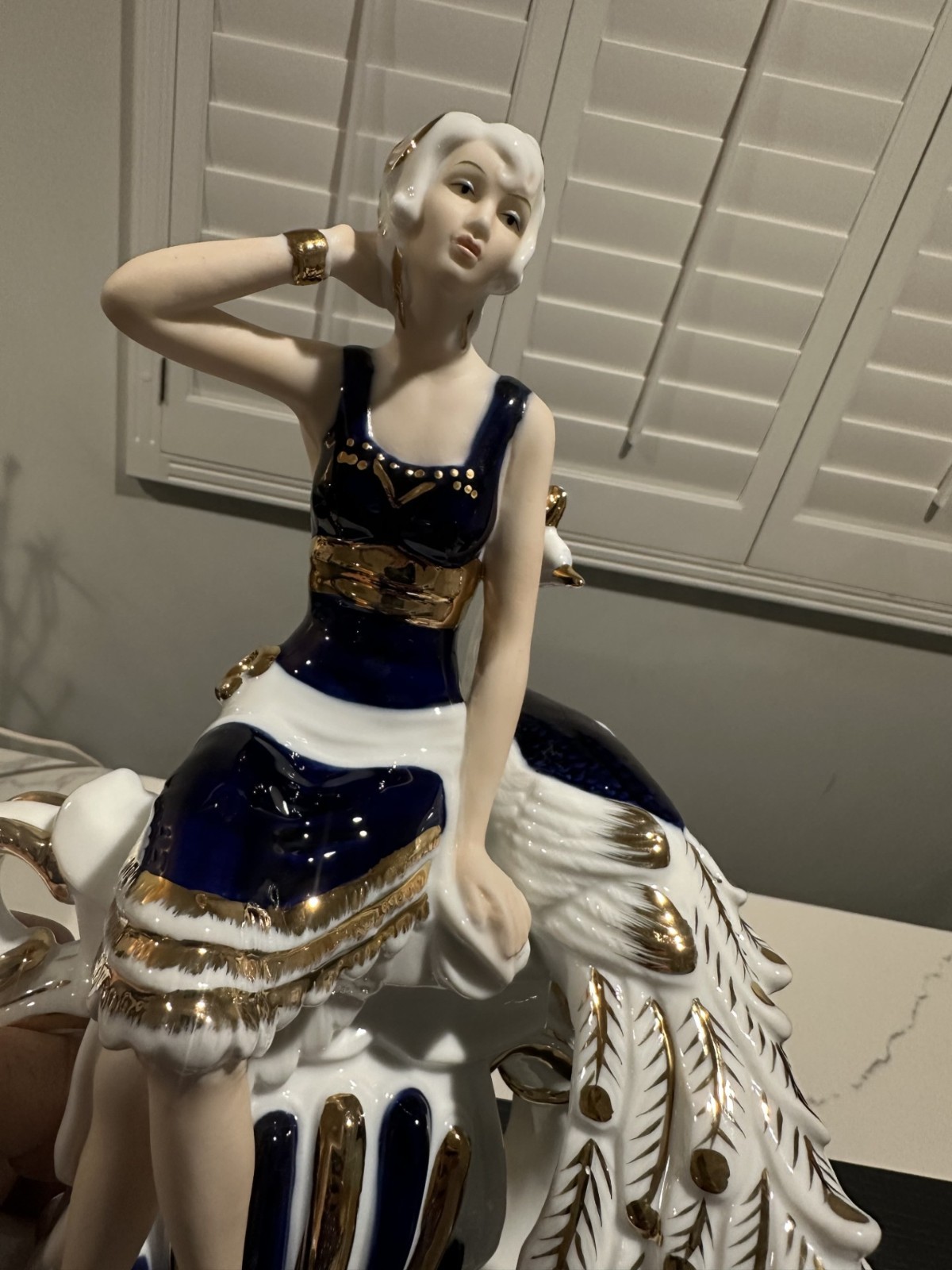 Rare Vintage Sorelle Flapper Lady with Peacock Porcelain Sculpture
