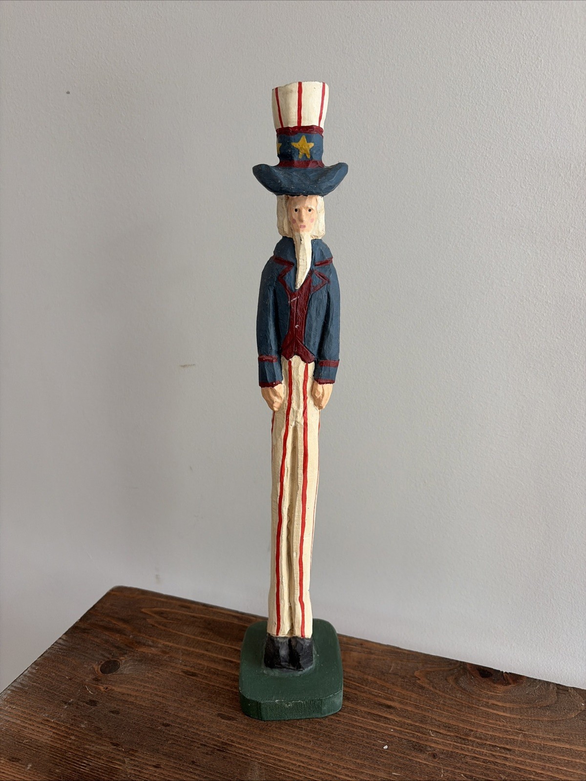 Vintage Folk Art Americana Patriotic Carved Wood Uncle Sam 14.5 in. USA
