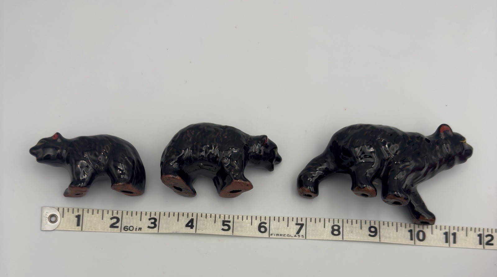 Mid Century Modern Black Ceramic Family Of Bears Hand Painted Figurines Trinkets