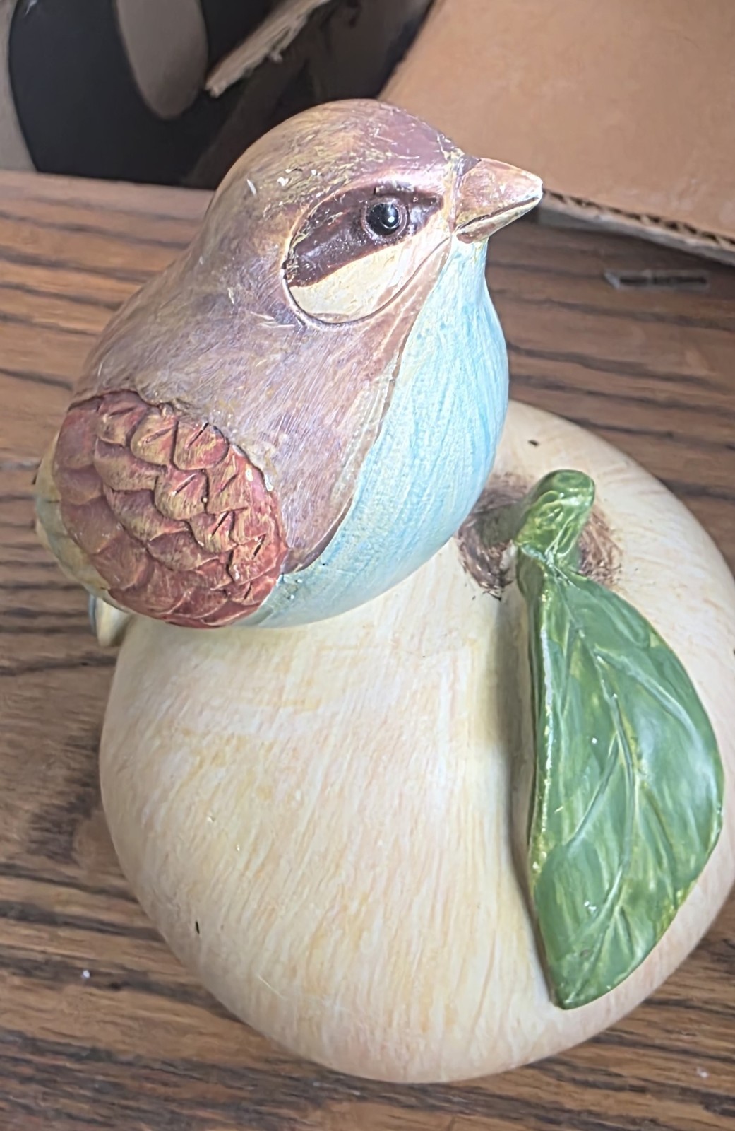 Hand Painted Resin Bird Figurine on Fruit w/ Leaf Beige Brown Blue Green
