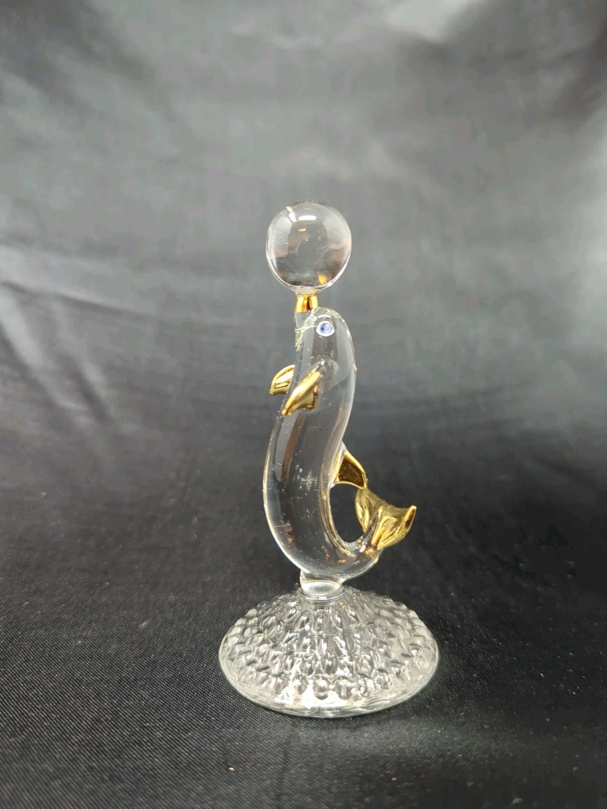 Clear Glass Dolphin Figurine W/ Ball Gold Detail Figure Blue Eye Dolphins Ocean