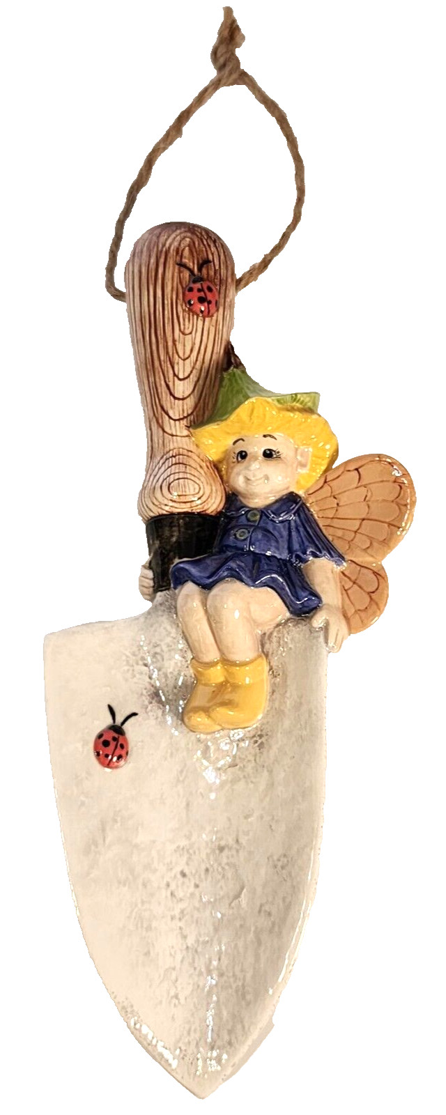 Vtg-Ceramic-Hanging-Garden Pixie-Sitting on top of aTrowel with Lady Bugs-Signed