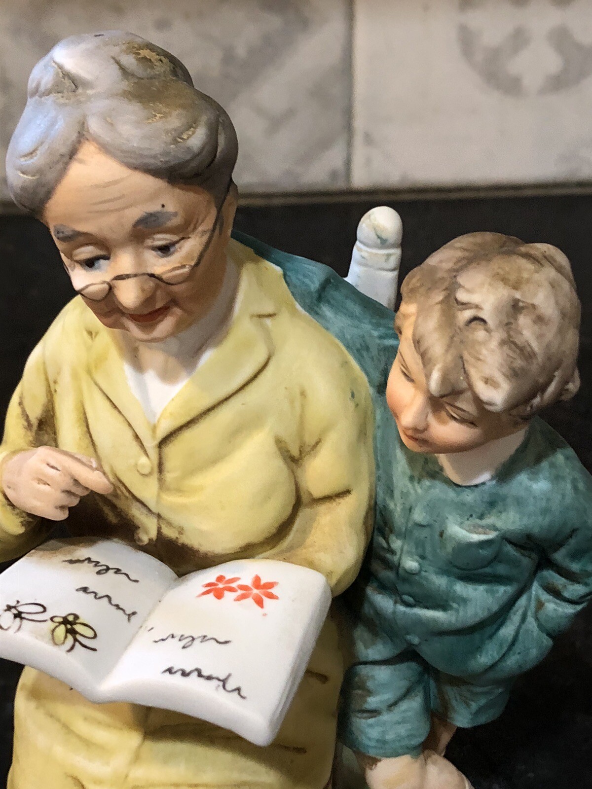 Two – Vintage Grandma and Grandpa reading to Child porcelain Ardco figurine