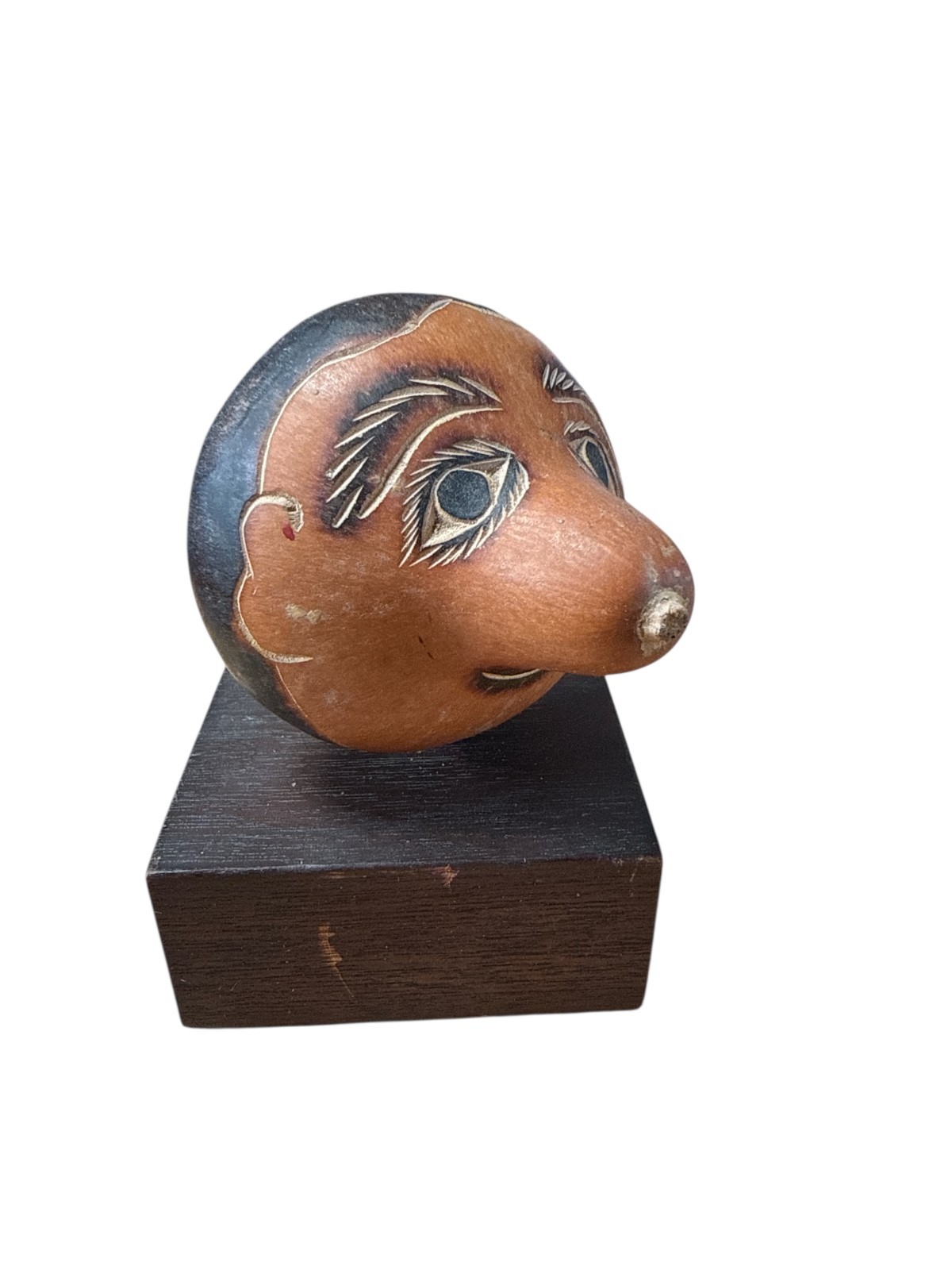 Vintage Hand Painted Gourd Folk Art Face on Stand Made in Peru