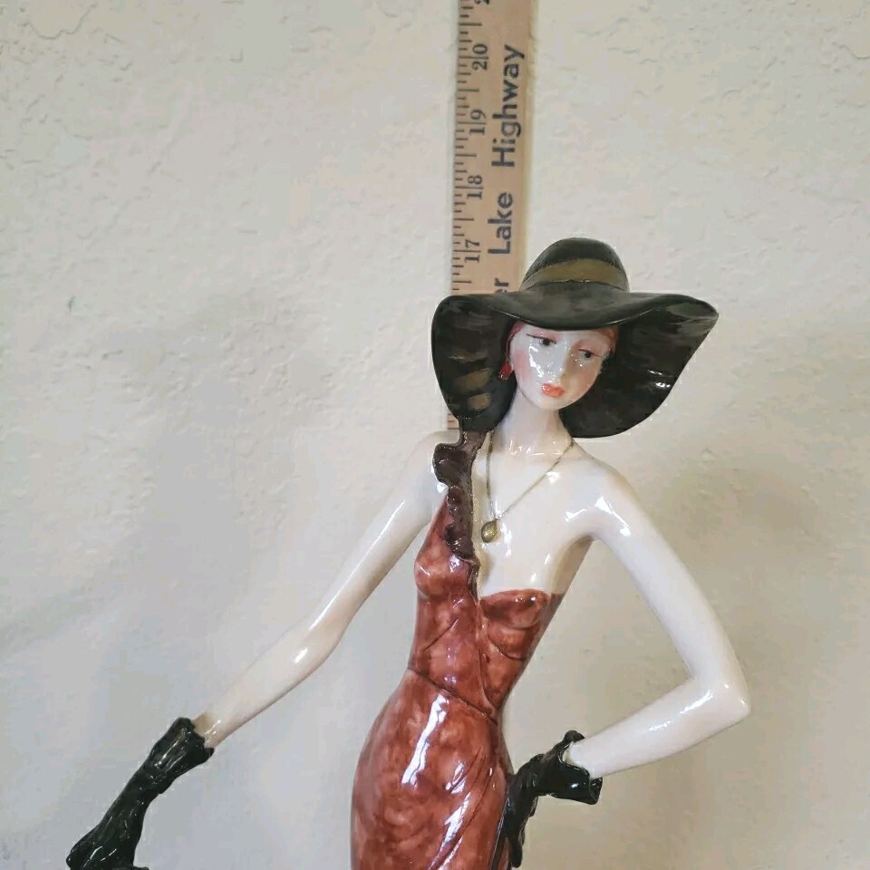 A. Santini Signed 17″ Sculpture Figurine Elegant Lady Walking with Borzoi Dog