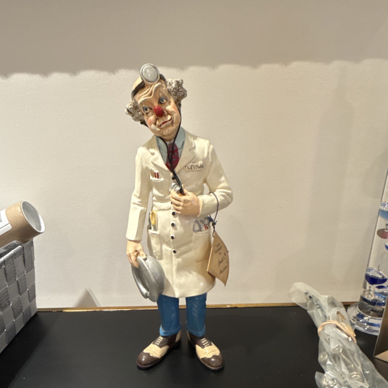 Judi’s Pastime Hand Painted Ceramic Clown Doctor Figurine, White Blue Red Brown