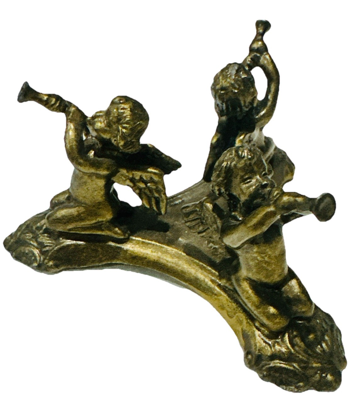 🎺👼 VINTAGE CAST METAL CHERUBS FIGURINE Angels Blowing Horns Stand 2”H x 4”W