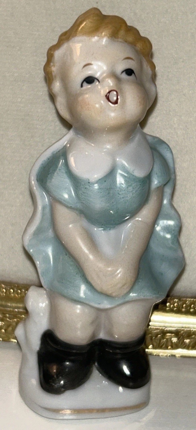 Vintage Japan Child Figurine Blue Dress Nursery Decor Mid Century 1950s Novelty