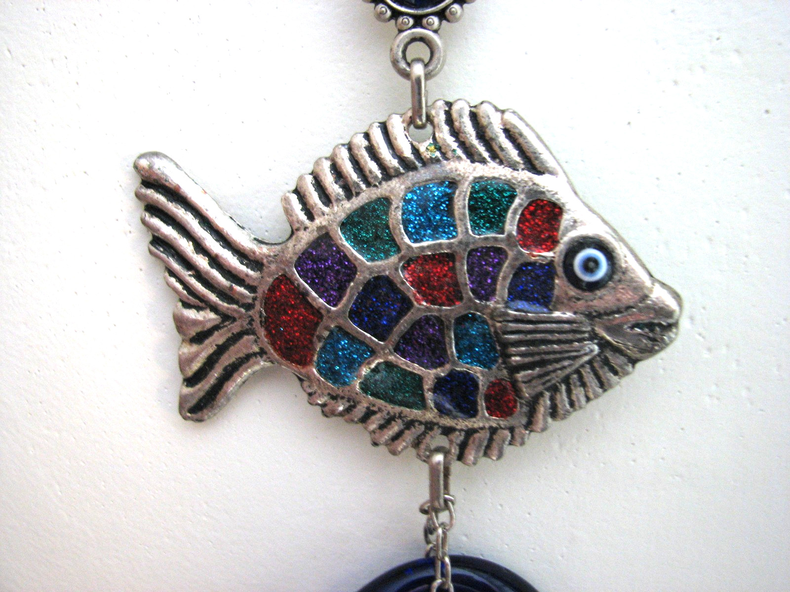 Unique Vintage Fish & Evil Eye Amulet Wall Hanging Glass Silver Tone Enamel 12″