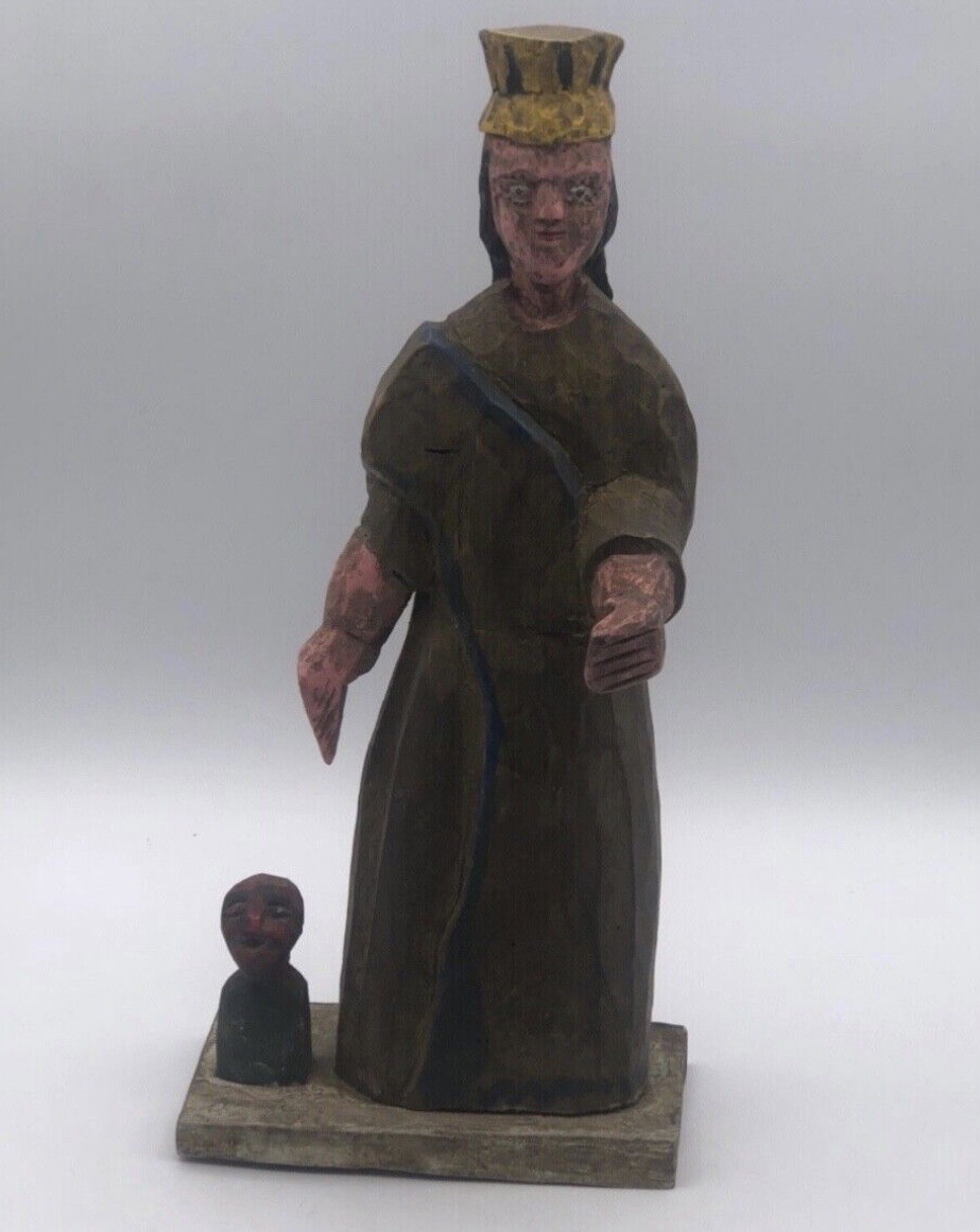 Santa Catarina Brazil Vintage 12.75” Hand Carved Wooden Crowned Figure With Imp