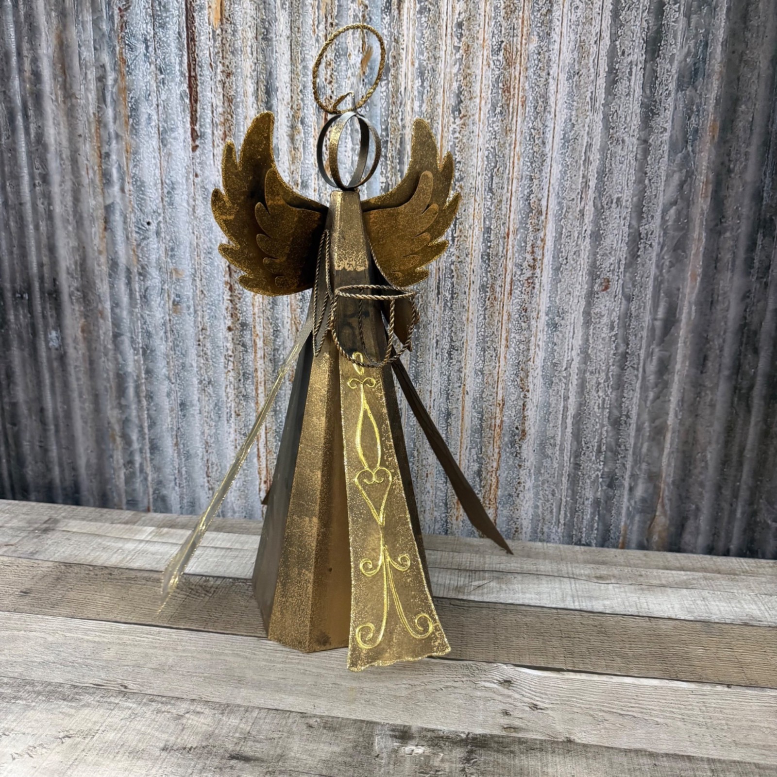 Metallic Gold Angel Figurine With Halo & Wings Rustic Vintage Christmas Decor
